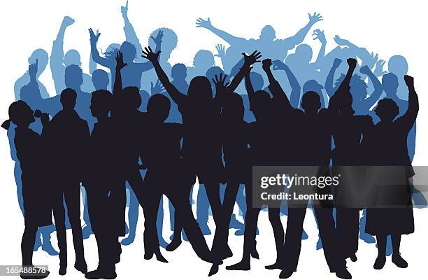 blue happy crowd - woman arm up silhouette stock illustrations