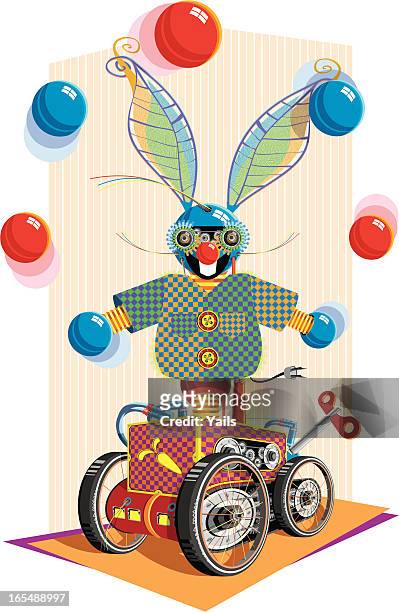 illustrazioni stock, clip art, cartoni animati e icone di tendenza di coniglio spinotto-in-the-box fare il giocoliere - wind up toy