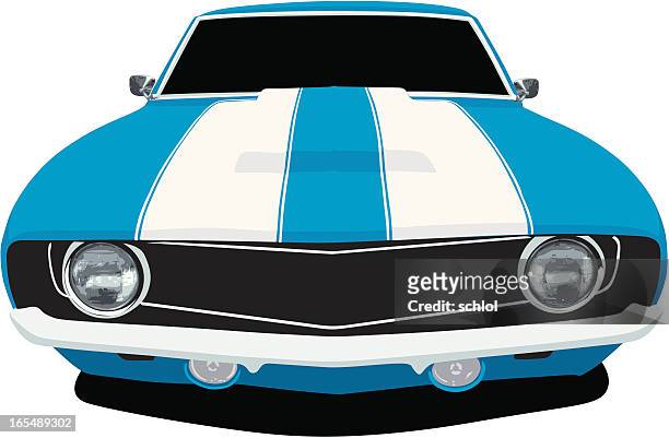 klassische blue camaro ss-vorderansicht - motorhaube stock-grafiken, -clipart, -cartoons und -symbole