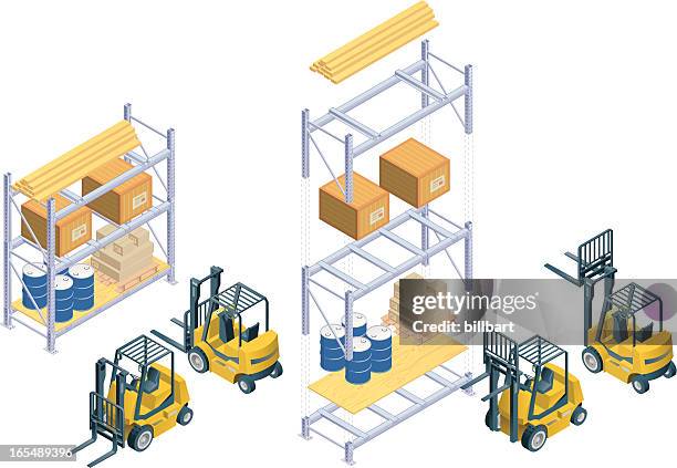 isometric forklift and warehouse rack - metal box stock illustrations