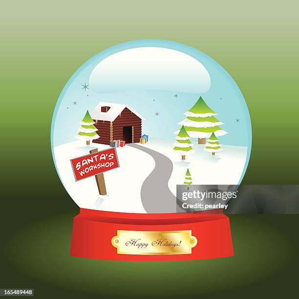 christmas snowglobe - santas workshop stock illustrations