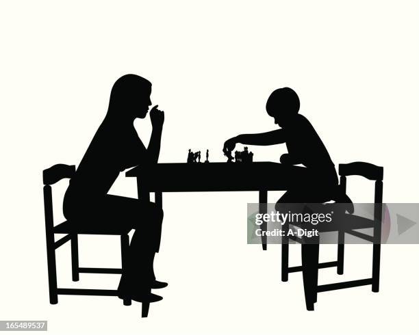 playing chess with mom vector silhouette - boy thinking isolated stock illustrations