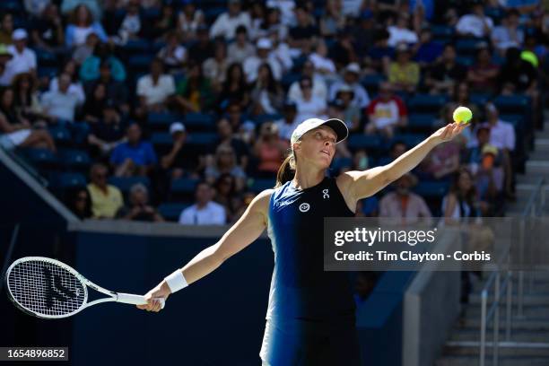 September 1: Iga Swiatek of Poland serves during her match against Kaja Juvan of Slovenia in the Women's Singles round three match on Louis Armstrong...