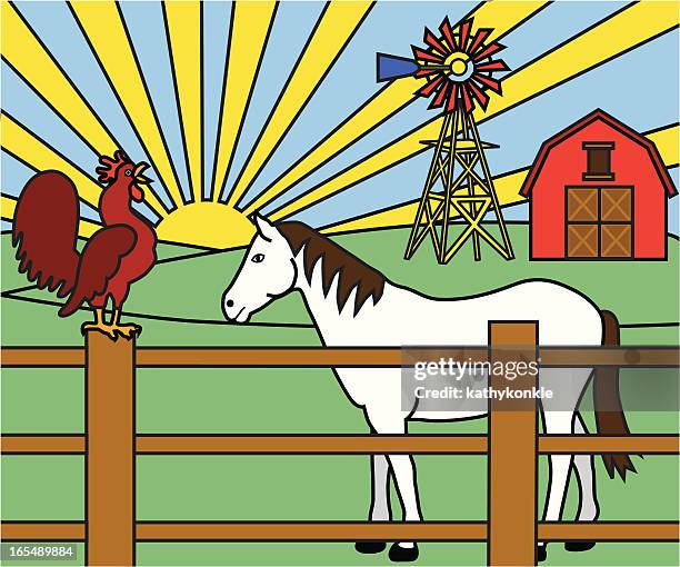 barnyard dawn - rooster sunrise stock illustrations