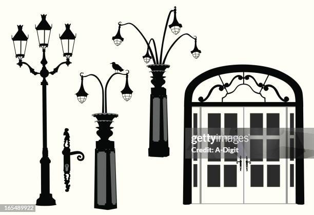 french doors lamposts vector silhouette - patio door stock illustrations