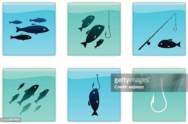 angeln symbole - fischschwarm stock-grafiken, -clipart, -cartoons und -symbole
