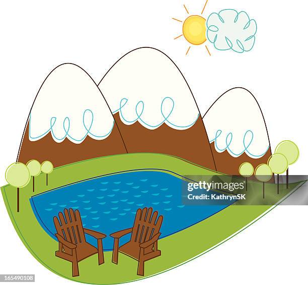 mountain landscape with adirondack chairs - adirondack chair stock illustrations