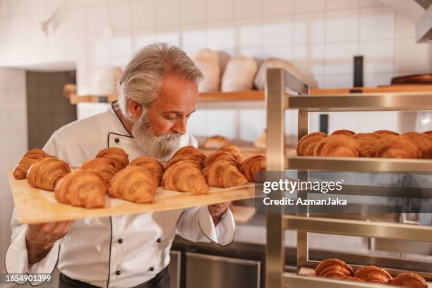 experienced caucasian baker smelling and holding a tray full of freshly baked croissants - baker smelling bread stock pictures, royalty-free photos & images
