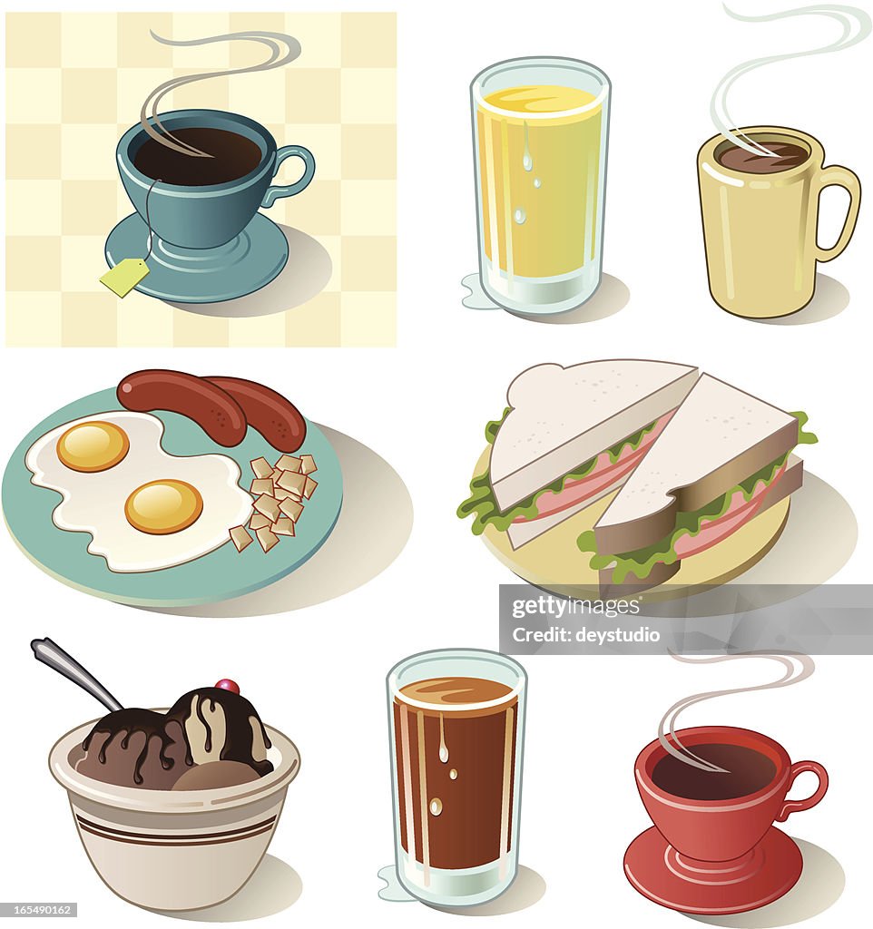 Variety of Diner Food Icons with Sandwiches and Drinks