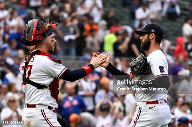 Dylan Floro celebrates with Ryan Jeffers of the Minnesota Twins after the game against the New York Mets at Target Field on September 9, 2023 in...