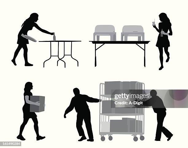 catering crew vector silhouette - pulling wagon stock illustrations