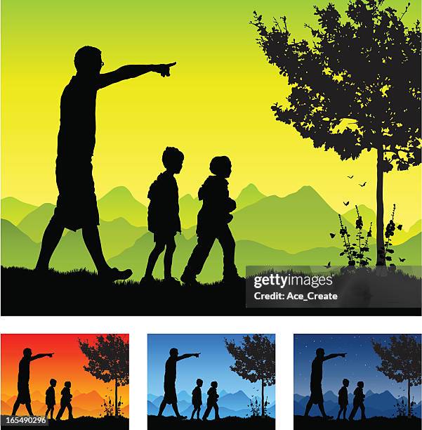 man and boys silhouette in a rural setting - springtime walk stock illustrations