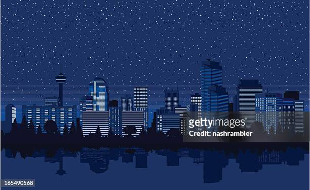 downtown calgary at night - bow river stock illustrations