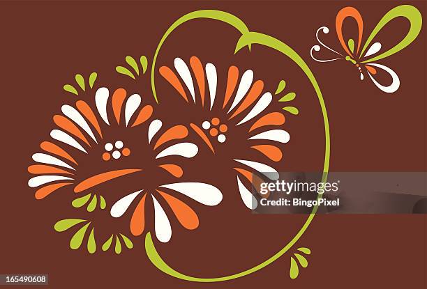 retro decorative gerbera & butterfly - petals flying stock illustrations