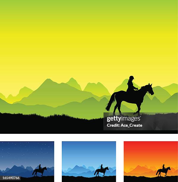 stockillustraties, clipart, cartoons en iconen met horse riding silhouette with country landscape.jpg - cap hat