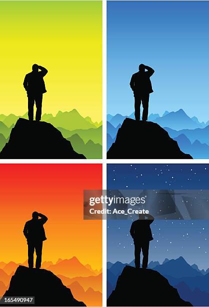 old man silhouette on a mountain top - man thinking outside stock illustrations