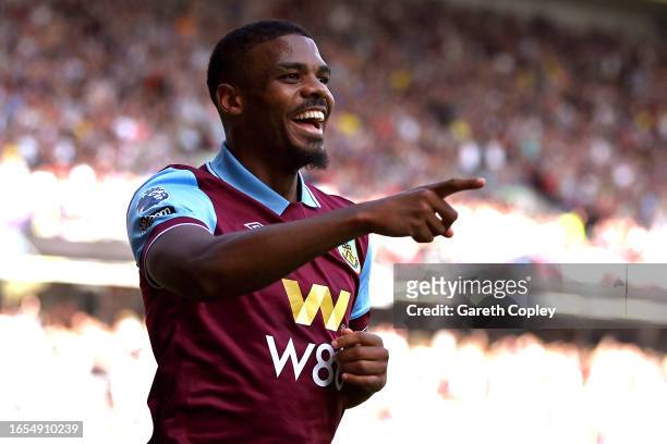 Lyle Foster of Burnley celebrates after scoring the team's first goal during the Premier League match between Burnley FC and Tottenham Hotspur at...