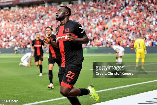Victor Okoh Boniface of Leverkusen celebrates the first goal during the Bundesliga match between Bayer 04 Leverkusen and SV Darmstadt 98 at BayArena...