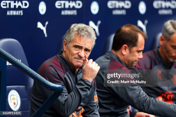 Juanma Lillo, Assistant Manager of Manchester City looks on prior to the Premier League match between Manchester City and Fulham FC at Etihad Stadium...