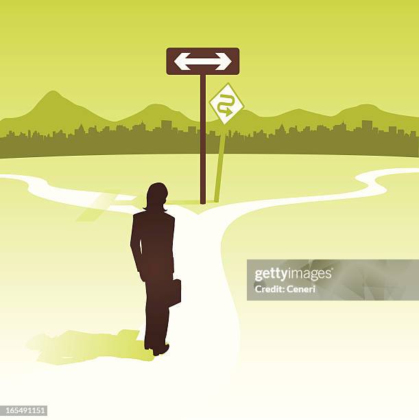 woman at crossroads, deciding on her career path - winding road illustration stock illustrations
