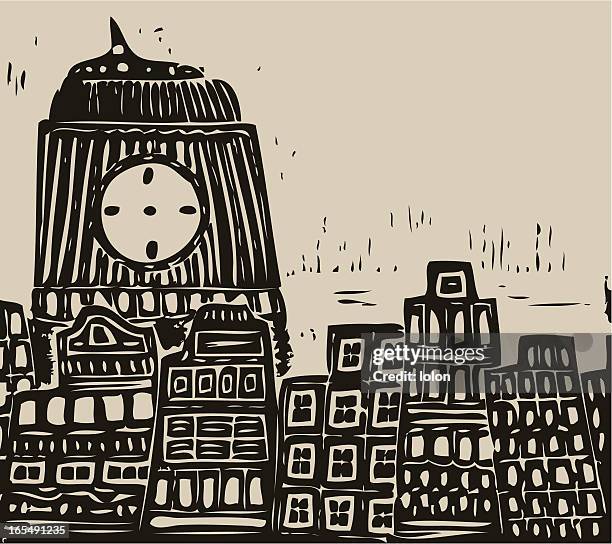 illustrazioni stock, clip art, cartoni animati e icone di tendenza di città con un tower - linoleografia