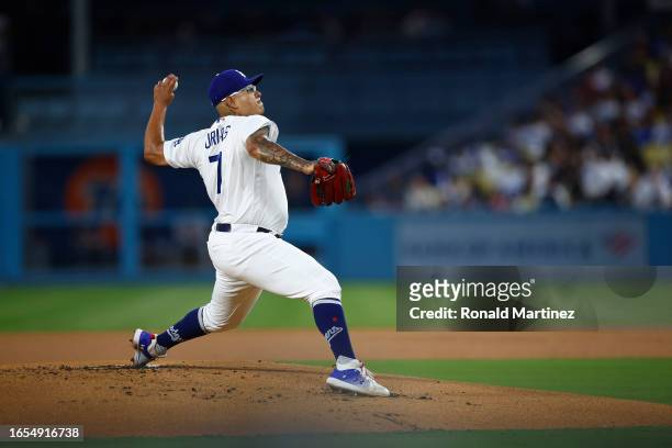 Julio Urias of the Los Angeles Dodgers throws against the Atlanta Braves in the first inning at Dodger Stadium on September 01, 2023 in Los Angeles,...