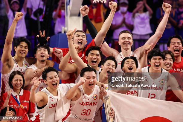 Team Japan celebrate the victory after during the FIBA Basketball World Cup Classification 17-32 Group O game between Japan and Cape Verde at Okinawa...