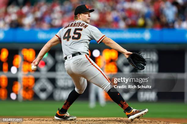 Kyle Harrison of the San Francisco Giants in action against the Philadelphia Phillies during a game at Citizens Bank Park on August 22, 2023 in...