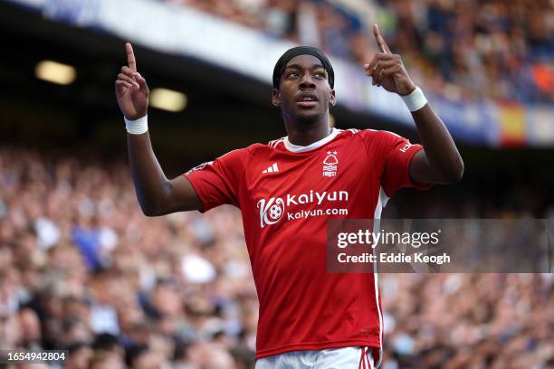 Anthony Elanga of Nottingham Forest celebrates after scoring the team's first goal during the Premier League match between Chelsea FC and Nottingham...