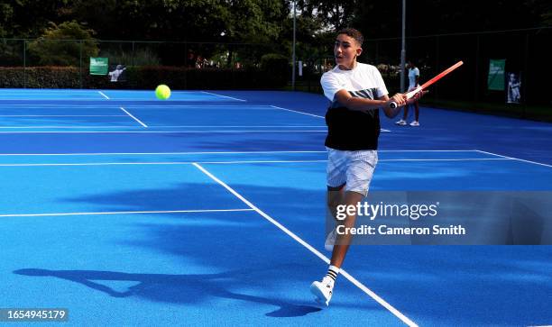 Toby Ward plays a backhand during Day One the Fred Perry Championships Qualifying atWythenshawe Park on September 02, 2023 in Manchester, England.