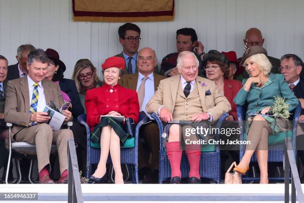 Vice Admiral Sir Timothy Laurence, Anne, Princess Royal, King Charles III and Queen Camilla attend The Braemar Gathering 2023 at The Princess Royal...