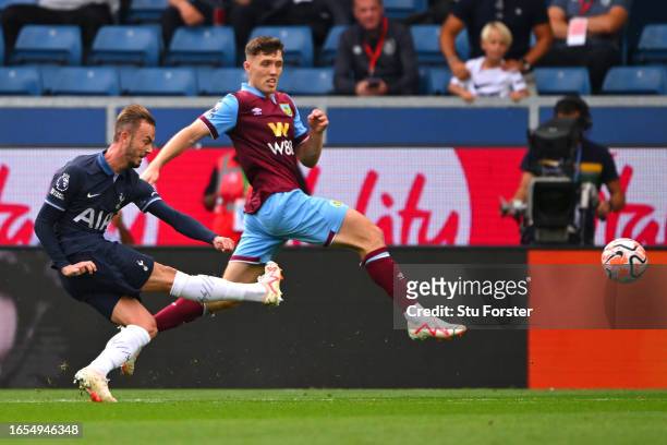 James Maddison of Tottenham Hotspur scores the team's third goal during the Premier League match between Burnley FC and Tottenham Hotspur at Turf...