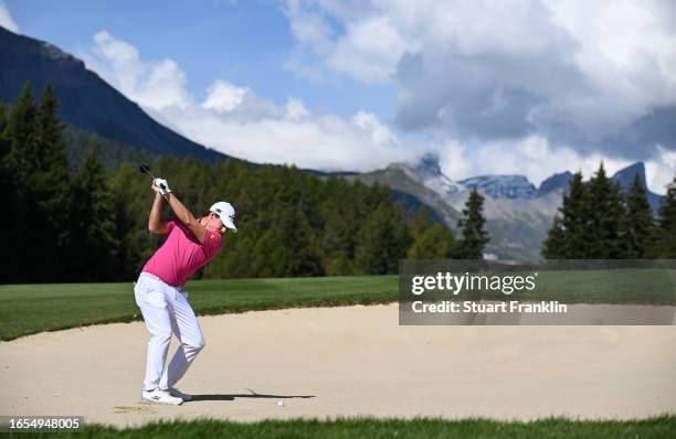 Matt Fitzpatrick of England plays his approach shot on the 15th hole during Day Three of the Omega European Masters at Crans-sur-Sierre Golf Club on...