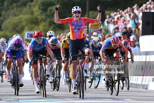 Mischa Bredewold of The Netherlands and Team SD Worx celebrates at finish line as stage winner ahead of Ruby Roseman-Gannon of Australia and Team...