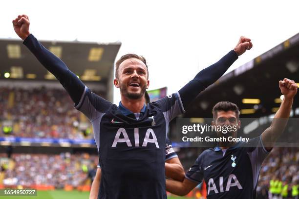 James Maddison of Tottenham Hotspur celebrates after scoring the team's third goal during the Premier League match between Burnley FC and Tottenham...