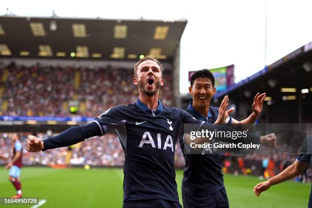 James Maddison of Tottenham Hotspur celebrates after scoring the team's third goal during the Premier League match between Burnley FC and Tottenham...