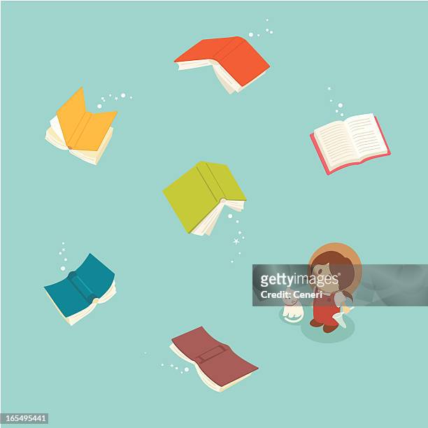 little girl series: magical flying books - flying stock illustrations
