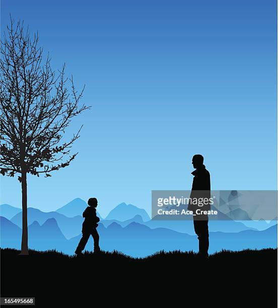 father and son winter silhouette - family in the park stock illustrations