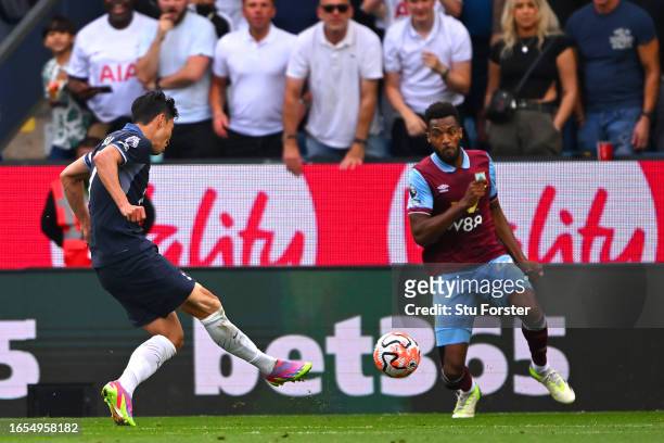 Heung-Min Son of Tottenham Hotspur scores the team's fourth goal during the Premier League match between Burnley FC and Tottenham Hotspur at Turf...