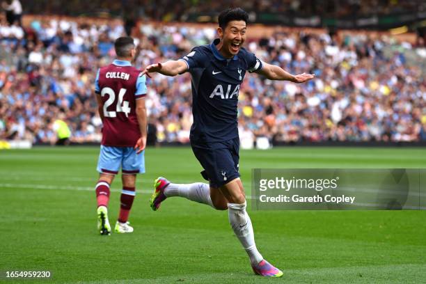 Heung-Min Son of Tottenham Hotspur celebrates after scoring the team's fourth goal during the Premier League match between Burnley FC and Tottenham...