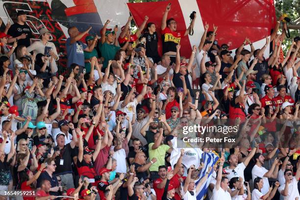 Ferrari fans celebrate during qualifying ahead of the F1 Grand Prix of Italy at Autodromo Nazionale Monza on September 02, 2023 in Monza, Italy.