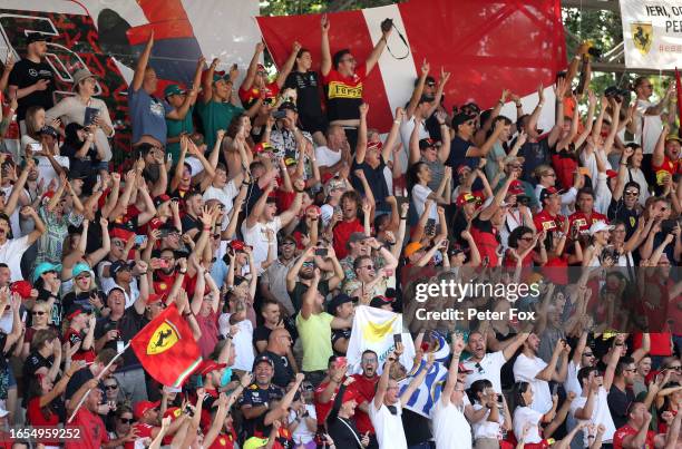 Ferrari fans celebrate during qualifying ahead of the F1 Grand Prix of Italy at Autodromo Nazionale Monza on September 02, 2023 in Monza, Italy.