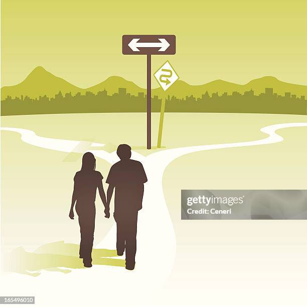 couple at cross roads - woman lost city stock illustrations