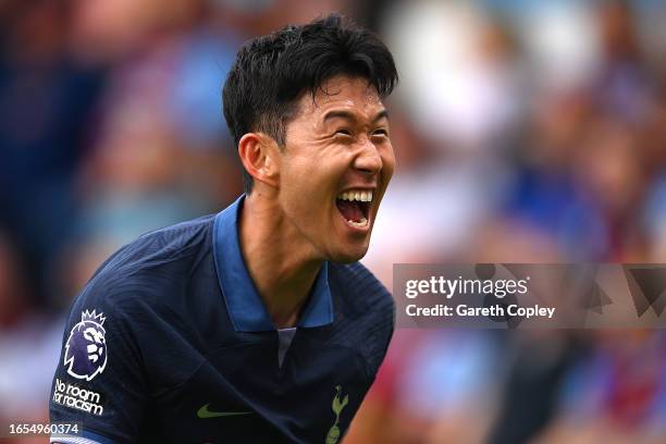 Heung-Min Son of Tottenham Hotspur celebrates after scoring the team's fourth goal during the Premier League match between Burnley FC and Tottenham...