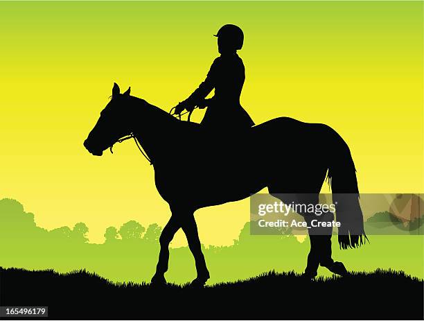 stockillustraties, clipart, cartoons en iconen met horse rider silhouette in the country - cap hat