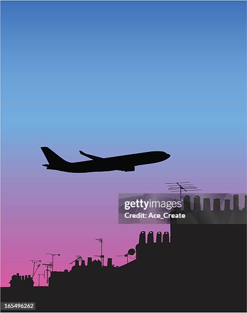 jumbo jet silhouetted above old roofscape - television aerial stock illustrations