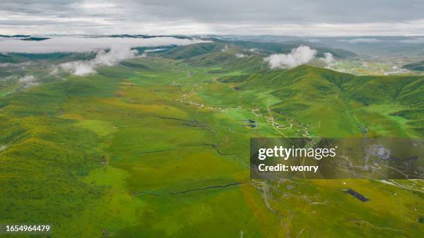 aerial view of winding river and dry riverbed at hongyuan country in sichuan province, china - water whorl grass stock pictures, royalty-free photos & images