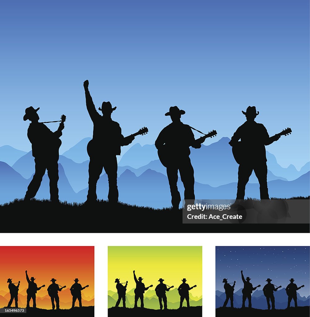 Country guitar group silhouette playing outside