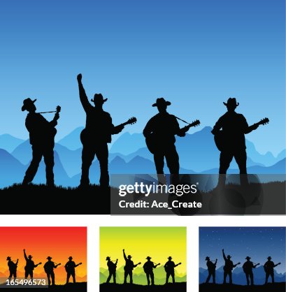 Country guitar group silhouette playing outside Country guitar group silhouette playing outside