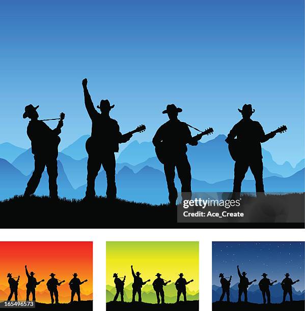 stockillustraties, clipart, cartoons en iconen met country guitar group silhouette playing outside - een instrument plukken